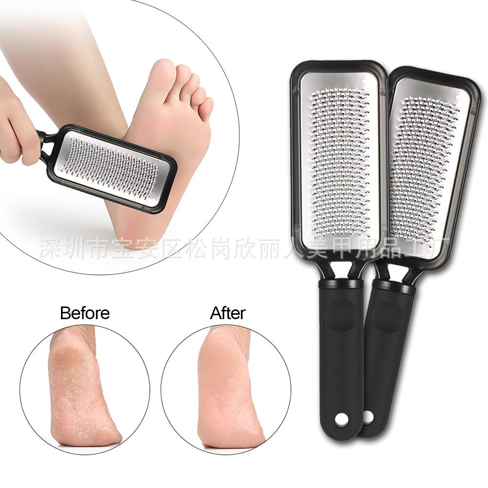 Venta caliente herramientas de uñas pie frotar puede ser reciclado Pie de acero inoxidable frotar Paquete de tablero borde raspado antideslizante pie frotar en stock