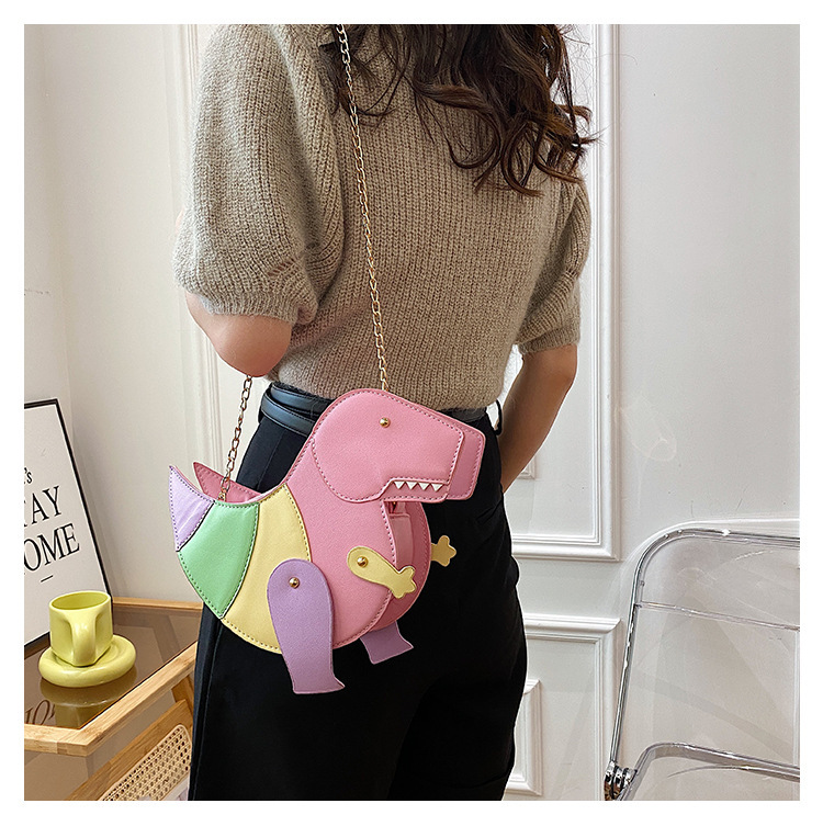 Color Blocking Pattern Cute Artificial Leather Splicing Soft Surface Zipper Dinosaur Shape Green Black Pink Shoulder Bags display picture 2