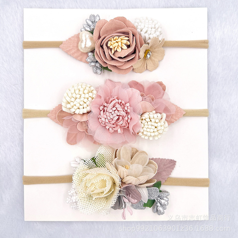 Tocado de flores de banda de pelo de tela europea y americana accesorios para el cabello de costura para niños combinación de traje de seda de rábano Rosa Flor de tocado dulce