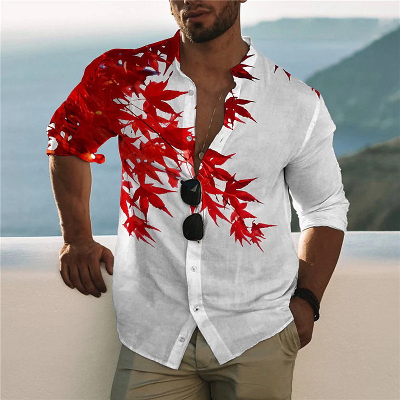 Transfronterizo 2025 primavera y otoño nuevo estilo de los hombres europeos y americanos más el tamaño de la camisa con estampado de plantas de rosas de manga larga