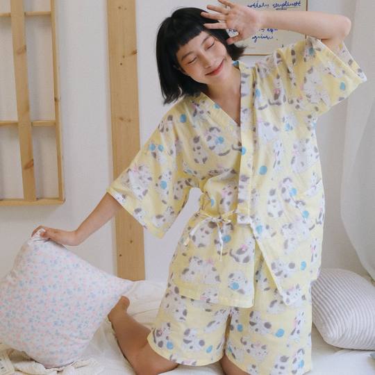 7-color Double-layer Yarn Thin Short Beat Bathrobe Home Clothes suit Girl Breathable Pajamas Women's Summer Short-sleeved Shorts