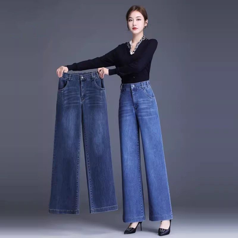中年阔腿牛仔裤女长裤宽松春秋2025年新款弹力中老年直筒妈妈裤子