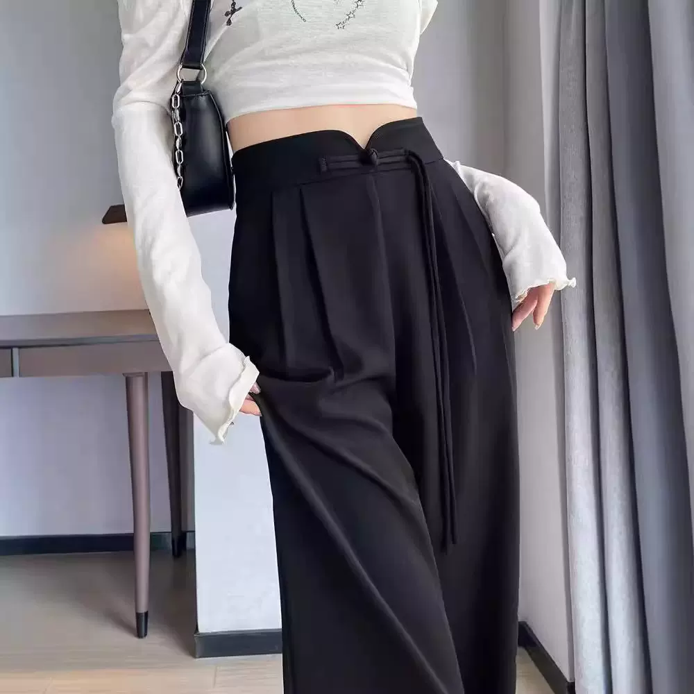 国风盘扣黑色西装裤女春秋设计感高腰垂感直筒宽松休闲窄版阔腿裤