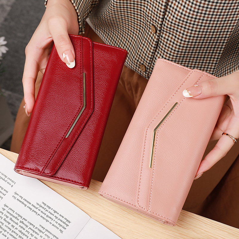 Women's Wallet Long Three-fold Stitching Women's Fashionable Multi-card Leather Korean-style Cross-border Oil Wax Leather Large Capacity Trendy