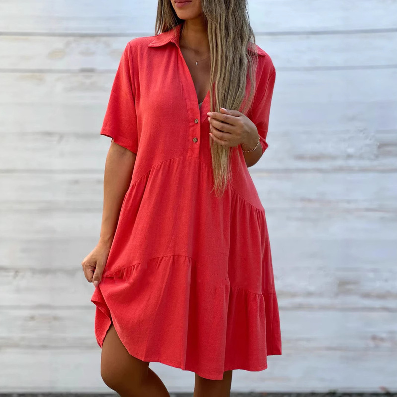 Cross-Border Foreign Trade New European and American Clothing Amazon Skirt Loose Solid Color Lapel Casual Short-Sleeved Cotton and Linen Dress