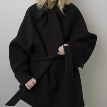 现货2025冬季新韩国东大门绑带收腰显瘦立领中长款80羊毛大衣外套
