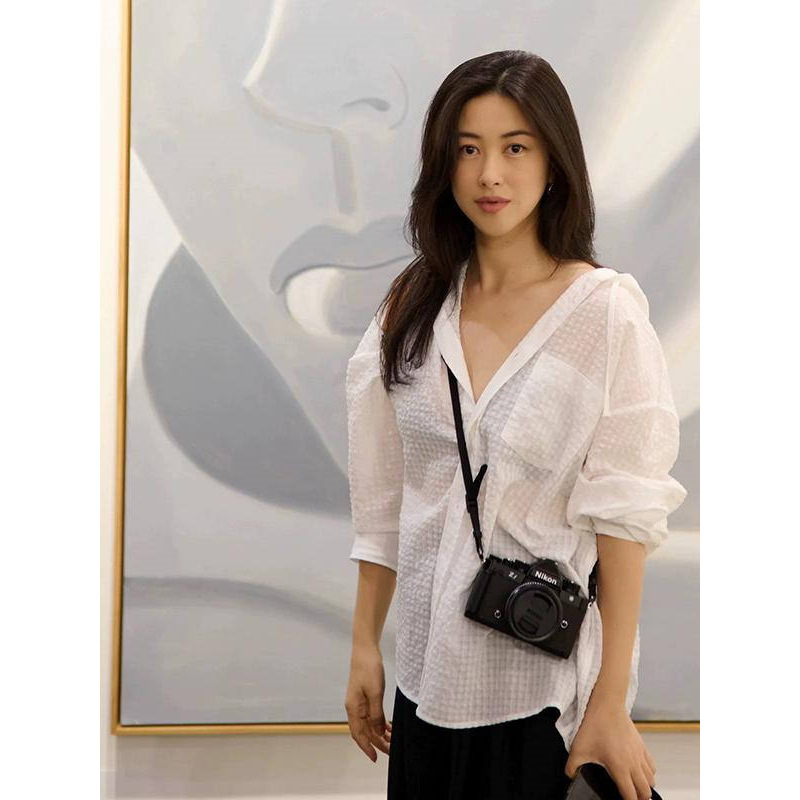 Zhu Zhu Same Style White Sauersucker Texture Hooded Shirt Women's 2025 New Loose Lightweight Sunscreen Jacket