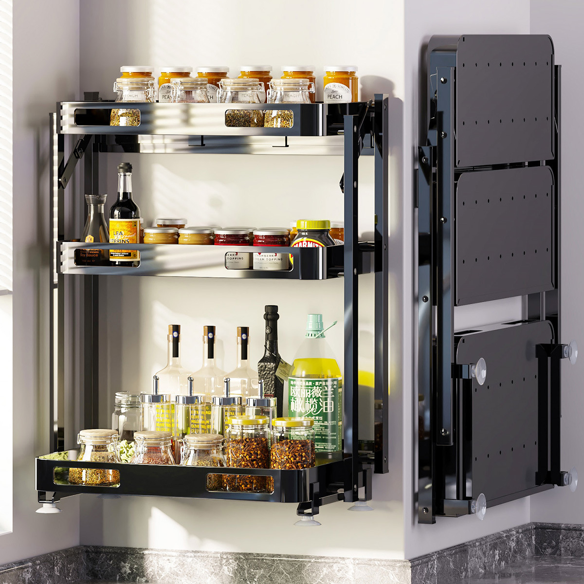 Ou runzhe estante de almacenamiento de cocina sin perforar plegable instalación libre estante de almacenamiento de platos mesa colgante de pared estante de condimento de doble uso