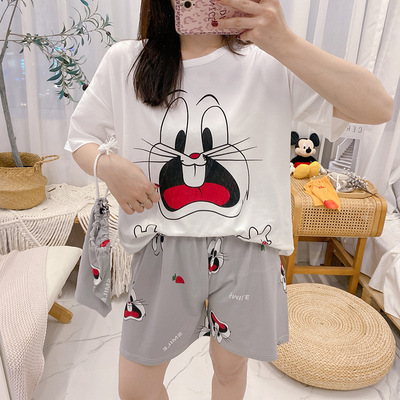 夏天可爱家居服女士夏短袖短裤送布袋卡通睡衣女牛奶丝家居服套装|ru
