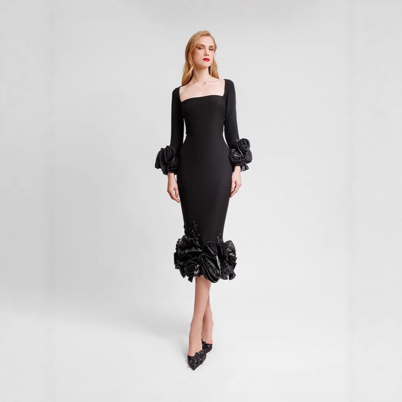 2025 Autumn European and American Style Strapless Dress for Women with Three-Dimensional Floral Embellishments, Slim-Fit Bandage Long Dress, Evening Gown, Socialite Style Trending Keywords