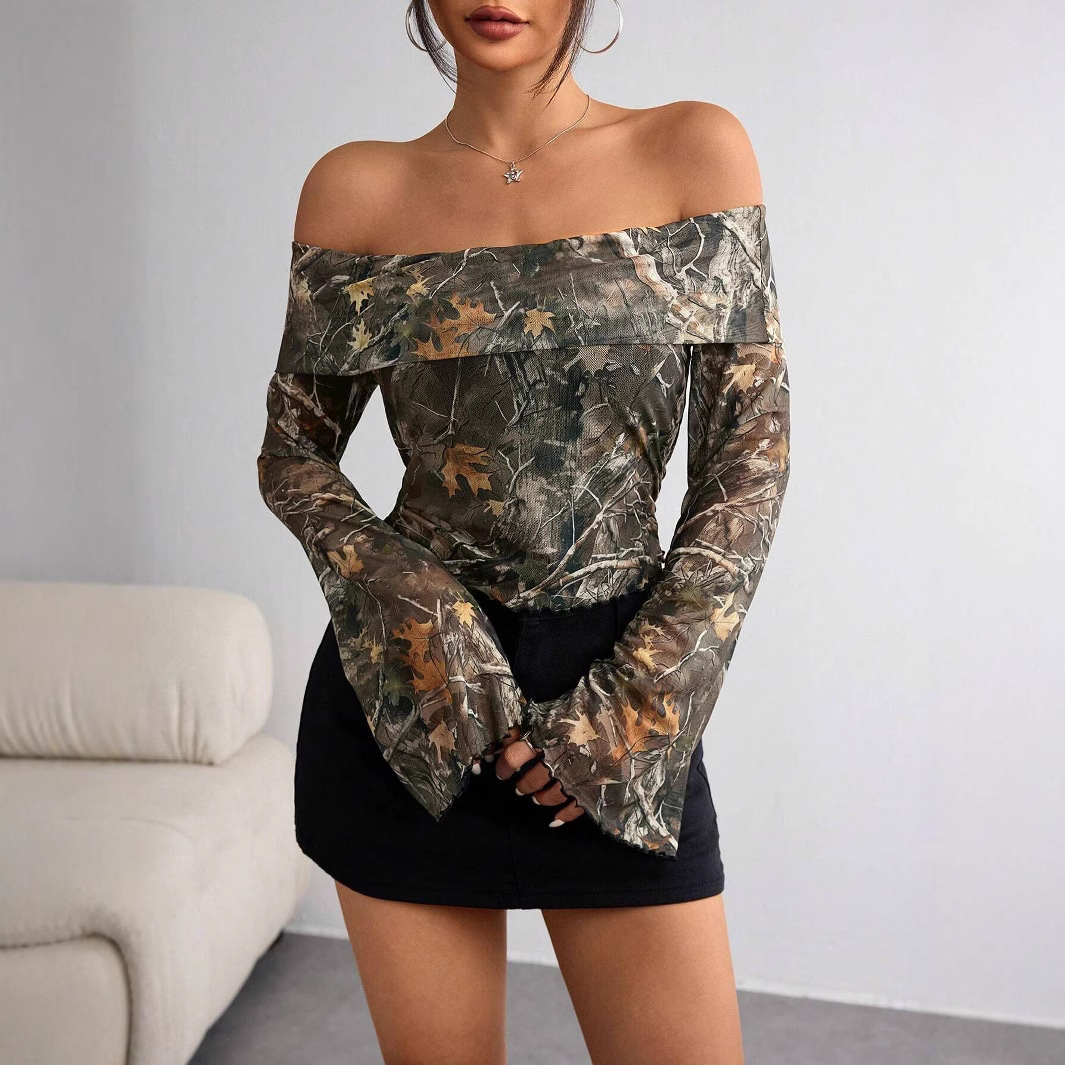 European and American cross-border spring new style women's mesh printed one-length neck off-shoulder long-sleeved slim T-shirt top for women