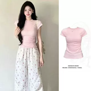 韩系高级感正肩圆领短袖T恤夏季新款简约百搭纯色基础款上衣女潮