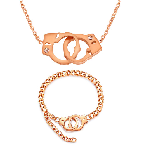 European and American ins titanium steel simple fashion handcuffs necklace set interlocking stainless steel couple bracelet gift for women