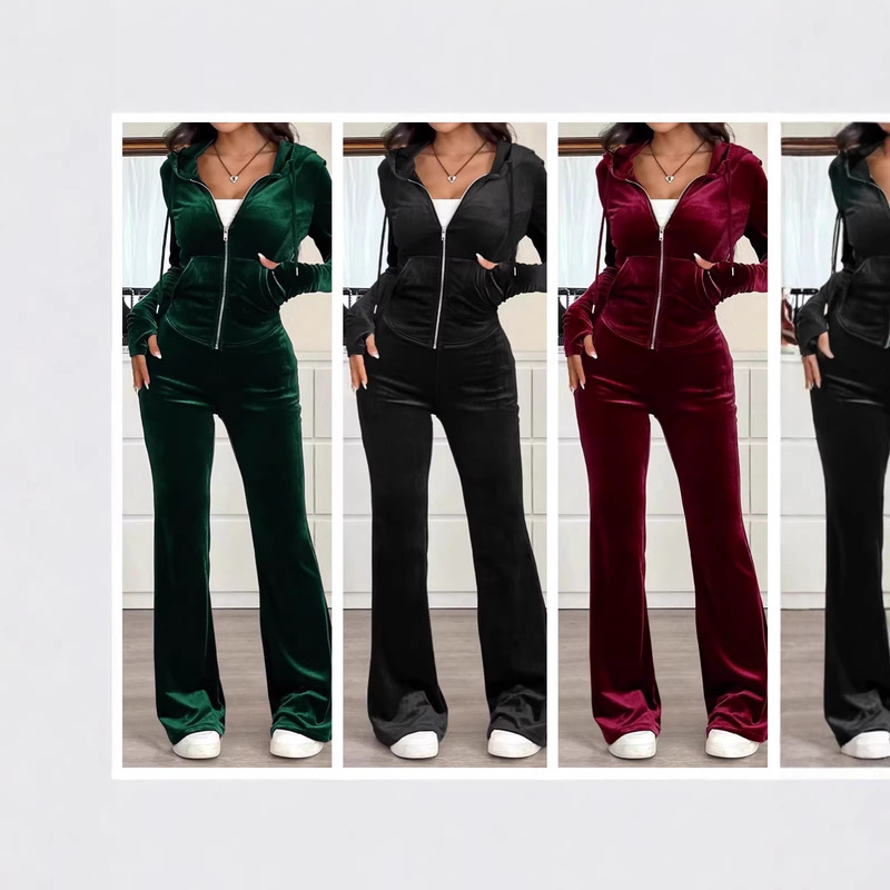 Velvet Dress Casual Wear Women's Sports Suit Spring and Autumn New Fashion Zipper Sweatshirt and Flared Pants Two-Piece Set