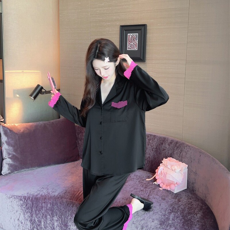 High-end Black Pajamas Women's Spring and Autumn Barbie Powder Lace Long Sleeve Pure Desire Cardigan Outwear Home Clothes suit
