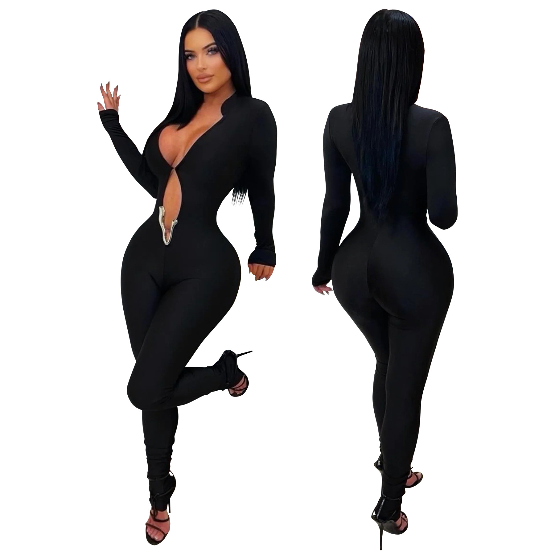 Sexy Deep V Long Sleeve Jumpsuit Solid Color Tight Fit_voghion.com