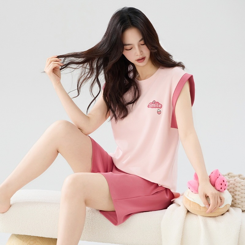 Cross-Border Export Pure Cotton Pajamas for Girls Summer Simple Casual Sports Vest Shorts Home Clothes Set Can Be Worn Outside