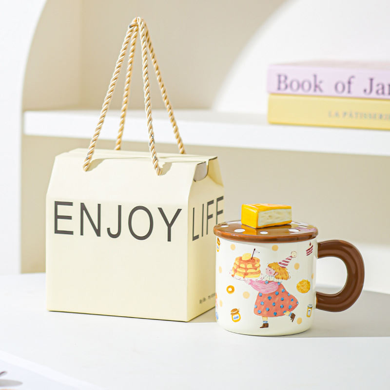 Pan de postre para niños y niñas tazas de cerámica tazas de pareja tazas de agua con tazas lindas cubiertas esmaltadas para dar chicas