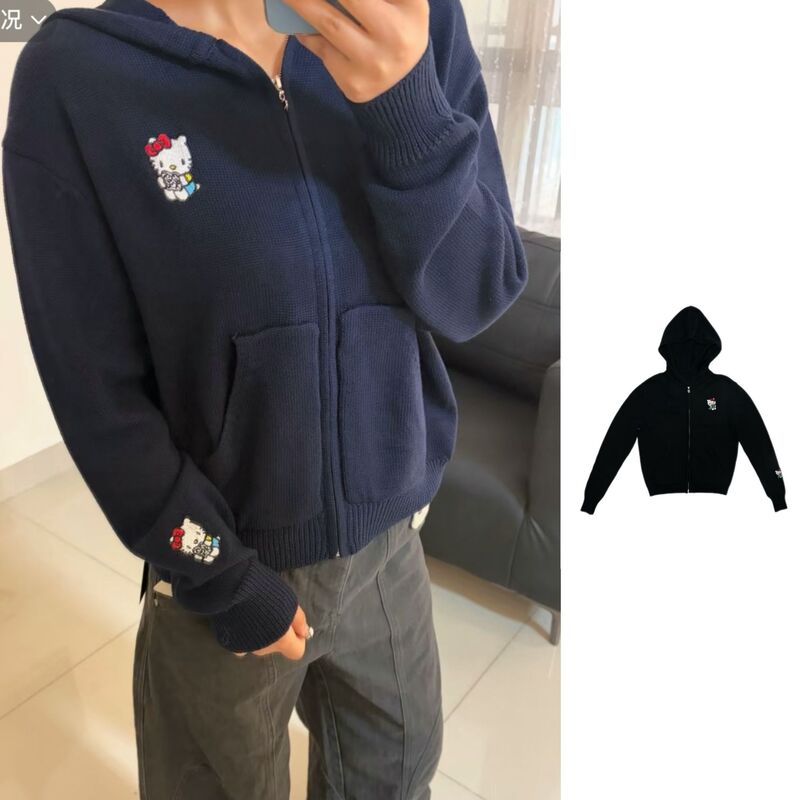 26FW Matchstick Man x Kitty Japan Limited Edition Embroidered Kitty Logo Zippered Hooded Sweater Cardigan Top 26FW Matchstick Man x Kitty Japan Limited Edition Embroidered Kitty Logo Zippered Hooded Sweater Cardigan Top