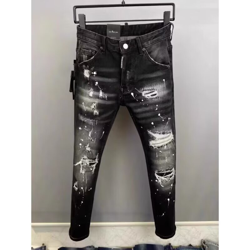 高版AM外贸风格朋克复古蓝破洞修身弹力印花印染小脚男式牛仔裤潮|undefined