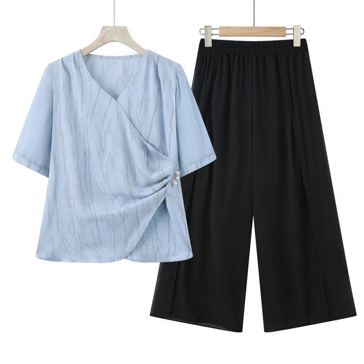 中年母親の夏半袖シャツスーツ2025新中高年女性シャツTシャツカジュアルスーツ|undefined