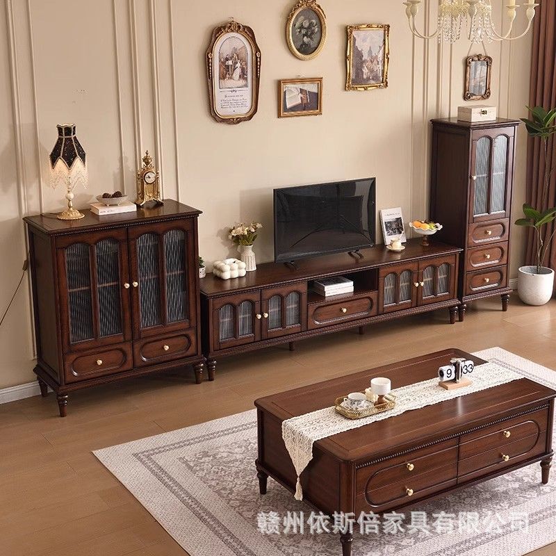 Solid Wood Tv Cabinet French Retro Tv Cabinet Home Living Room High and Low Wine Cabinet Small Apartment Tv Cabinet Coffee Table