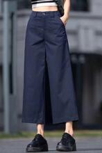 藏青色直筒休闲裤女梨形身材宽松高腰显瘦九分阔腿裤春纯色呢子