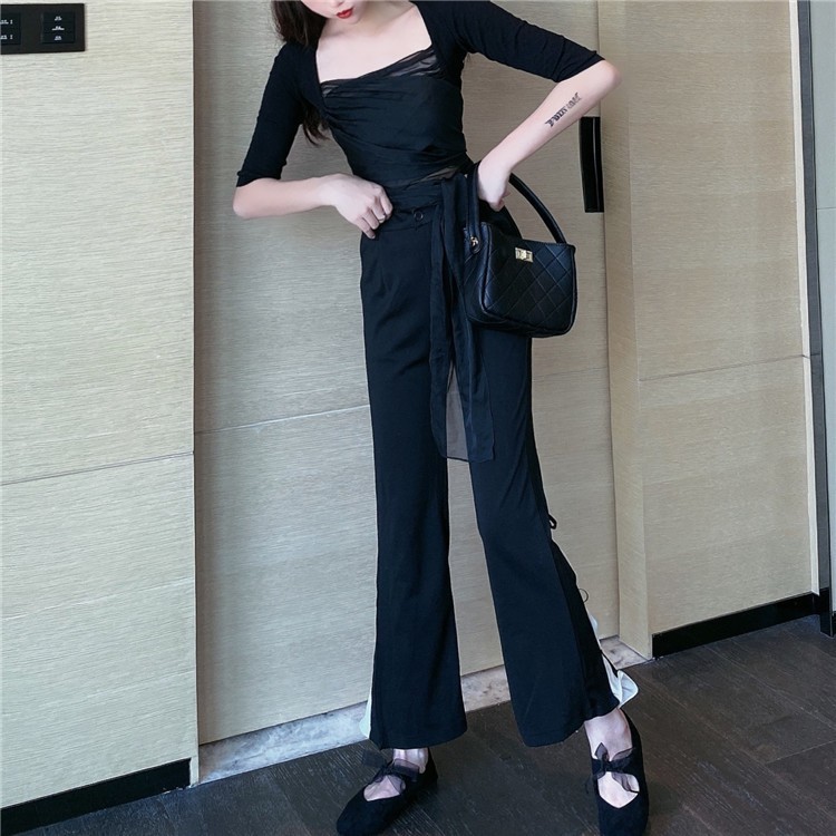 Contrast Color Pleated Bow Tie Pants Image 3