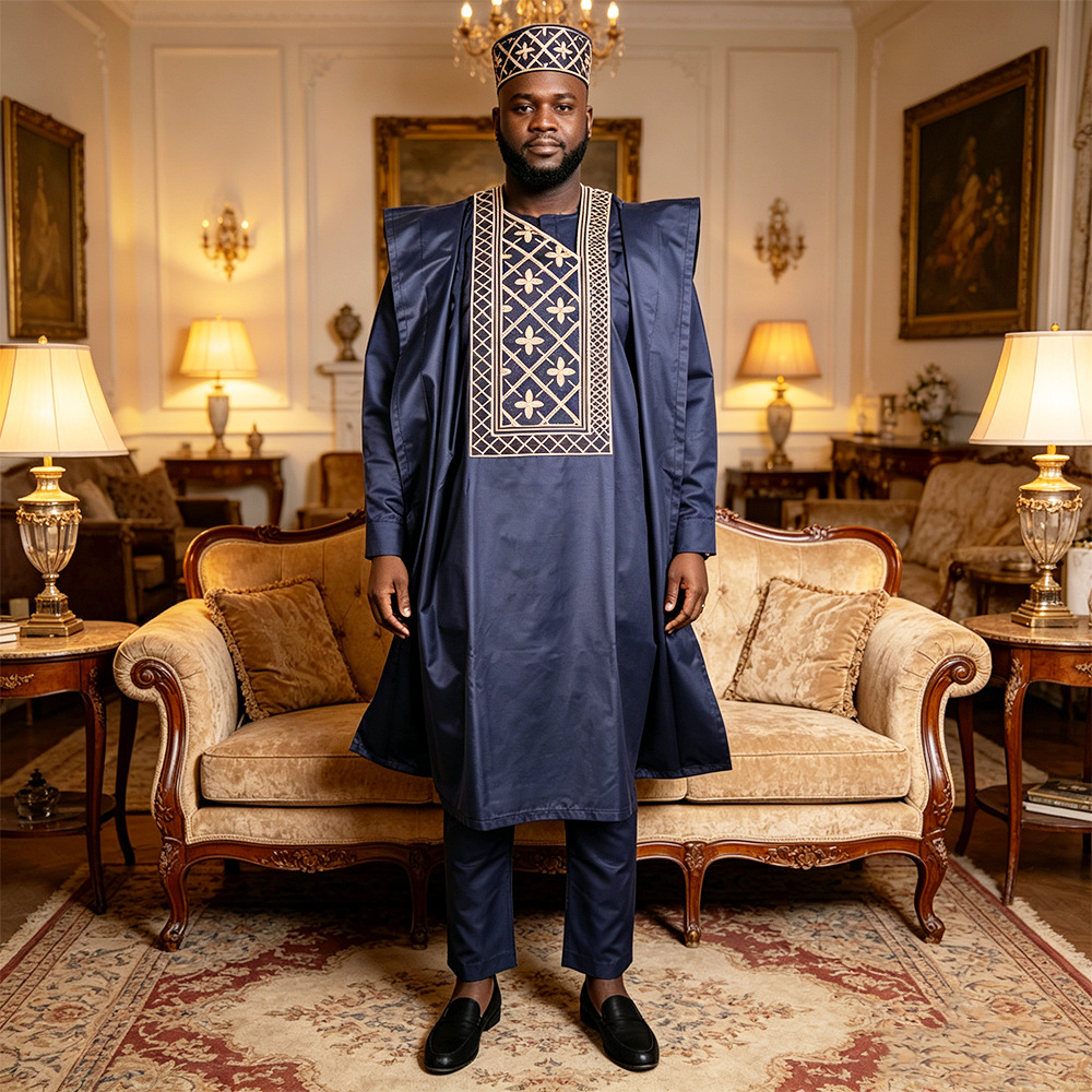 African casual suit men's robe cross-border ethnic large size men's clothing embroidered matte fabric four-piece set with hat