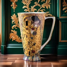 跨境骨瓷咖啡杯油画风复古大容量马克杯高档描金提梁杯礼盒包装