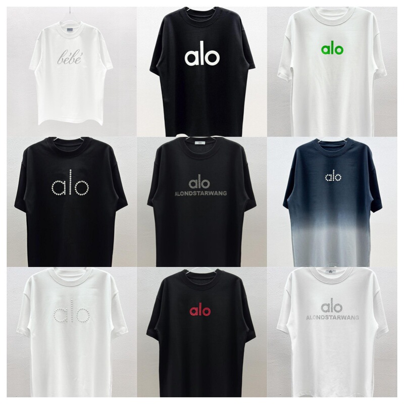 [Cross-Border Heavy Pile 300g Heavy Pure Cotton Alo Hot Diamond 25Ss] Custom-Woven and Dyed Loose Short-Sleeved T-Shirt for Women