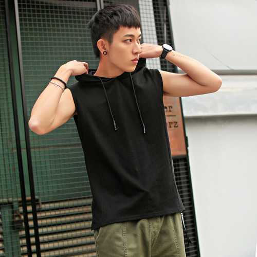 Cross-border sleeveless T-shirt men's summer short-sleeved vest trendy hooded waistcoat short-sleeved hoodie vest T-shirt men's style