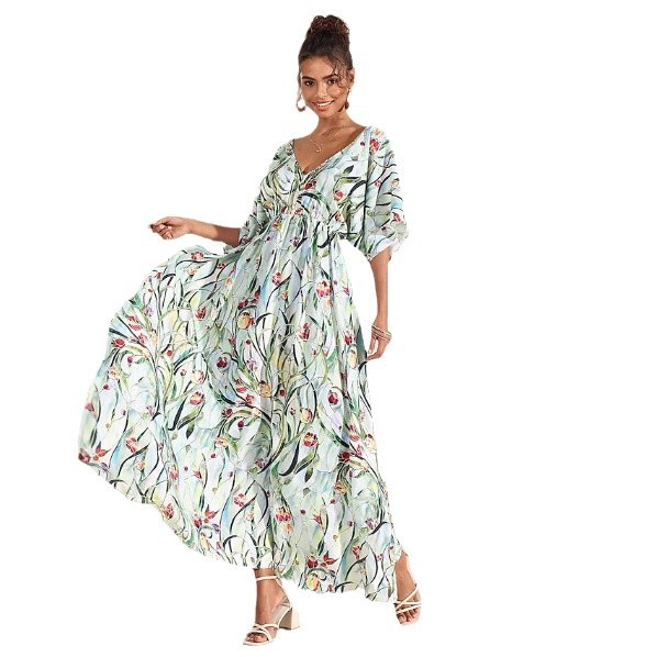 2024 neues mittellanges Kleid mit Blumendruck und V-Ausschnitt, kurzen Ärmeln für Damen_voghion.com