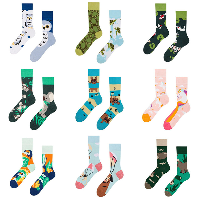 Cross-border new animal asymmetric socks AB tide socks mandarin duck socks men and women's personality European and American fashion cartoon tube socks Cross-border new animal asymmetric socks AB tide socks mandarin duck socks men and women's personality European and American fashion cartoon tube socks