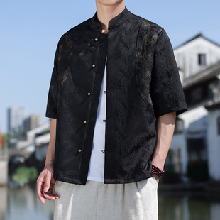 Chinese Style Men's Summer Thin Copper Button Jacquard Ice Silk Short-Sleeved Shirt New Chinese Style Retro Loose Tang Suit Shirt
