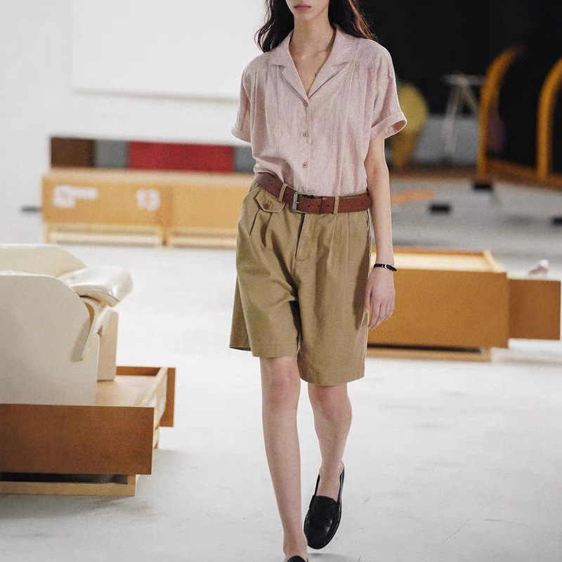 Cycldocument 1 High-Density Organic Cotton Raglan Rolled Edge Sleeves Cuban Collar Stripesd Short-Sleeved Shirt for Women