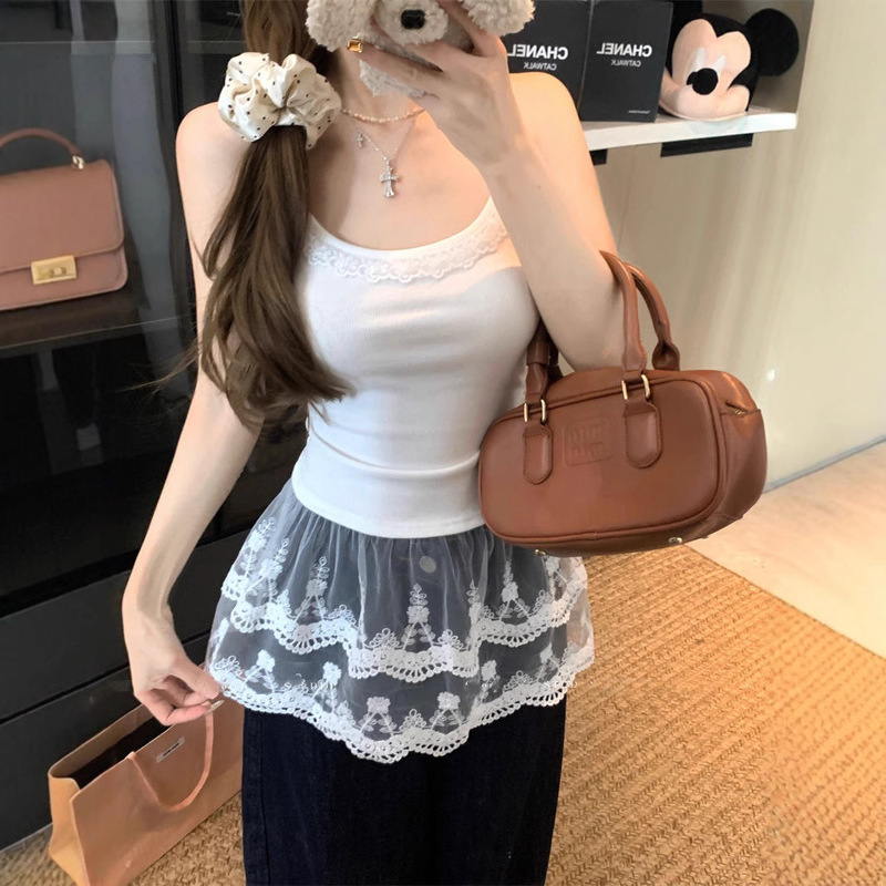 Stacked Ballet Sling Vest with Chest Pad Bottom Lace Stitching Slim-fit All-match Design Slim-fit Base Top