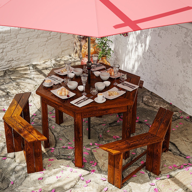 防腐木戶外大排檔燒烤露天帶傘桌椅室外庭院民宿外擺連體休閒組合