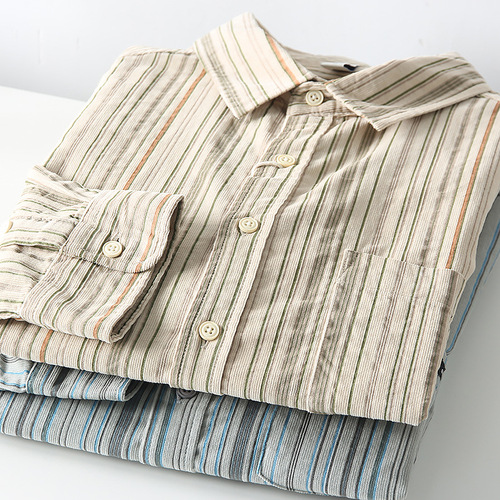 Japanese Retro Corduroy! Striped Color Block! Autumn Men's Pure Cotton Fashion Casual Long-Sleeve Shirt Trend