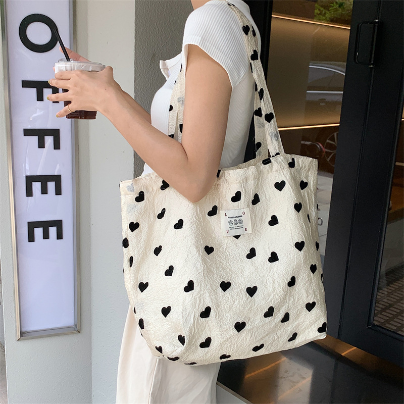 36252 New Textured Heart Canvas Shoulder Vest Bag Large Capacity Handbag Cosmetic Bag Student Armpit Bag