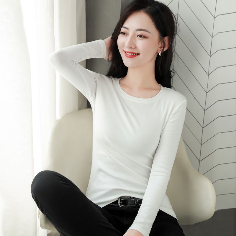 女性用ボトリングシャツ、秋冬スタイル韓国版2025新作スリムラウンドネック厚みのあるインナー黒長袖Tシャツトップ|undefined