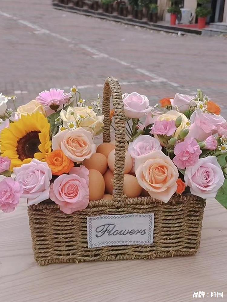 花篮草编藤编竹编织鲜花花童干花道具插花摆件水果月子鸡蛋手提篮