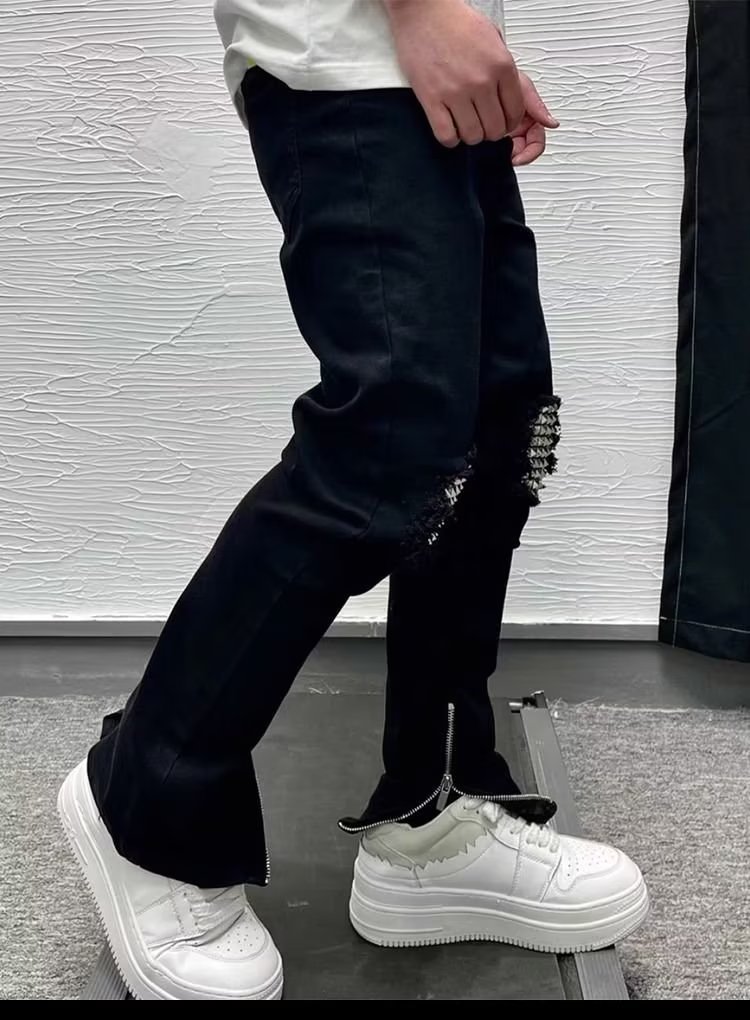 Men's Rivet Slim Fit Jeans Trendy Brand Black With Split Cuffs And Zipper Design Versatile Casual Stretch Skinny Long_viptrois.com