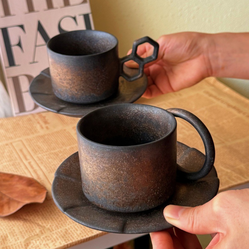 Coffee And Saucer Set, Creative Afternoon Top Quality Vintage Handmade Espresso Cup, Rustic Ceramic Milk Breakfast Cup_voghion.com
