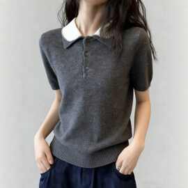 韩系灰色翻领娃娃领短袖针织衫女夏季新款半袖毛衣设计感小众上衣