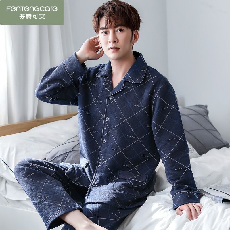 Pajamas de algodón de primavera y otoño para hombres, ropa de hogar de manga larga engrosada, otoño y invierno, conjunto de algodón de aire intercalado
