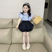 韩版童装女童短袖衬衫套装洋气女宝宝学院风花苞短裤两件套时髦