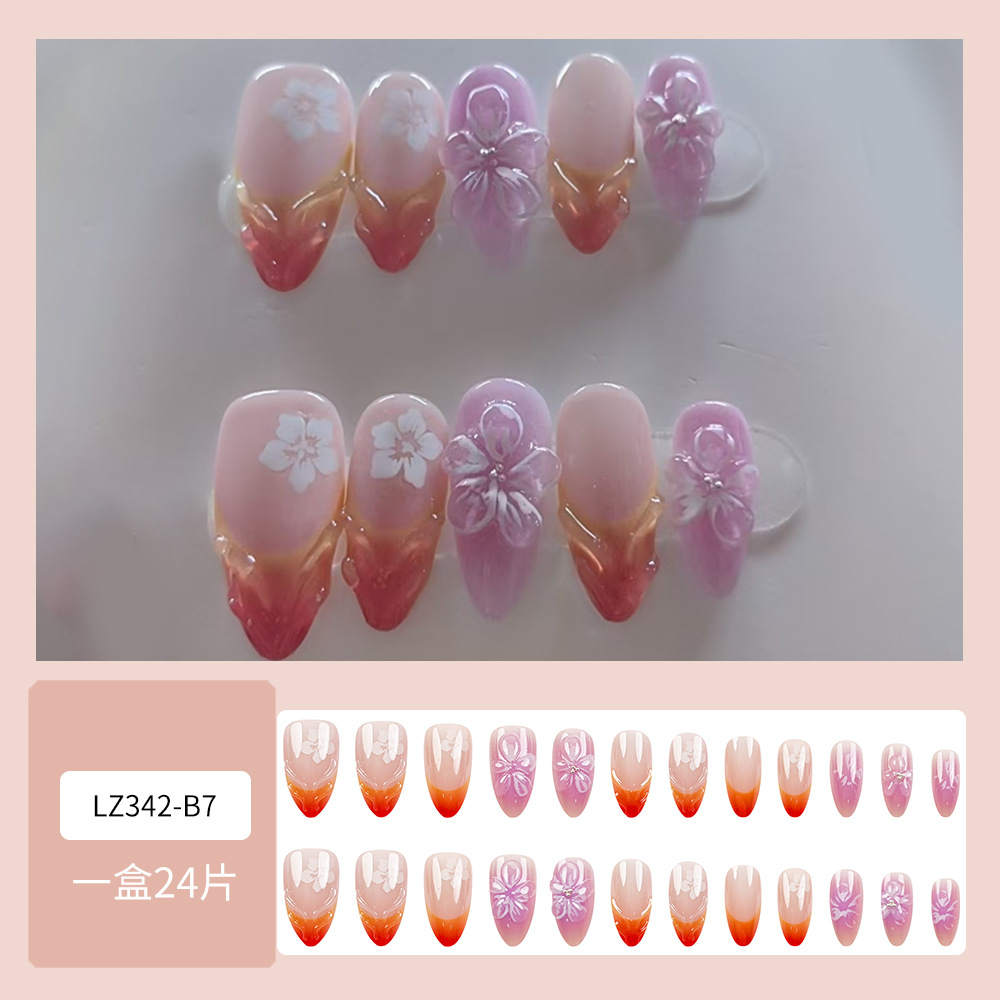 Comercio exterior 3D ondulado estereoscópico flor manicure perla adornada manicure francesa corta almendra elegante parche de uñas