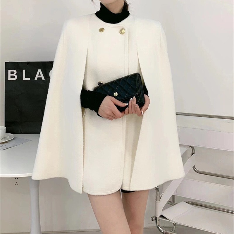 Cape Cape thickened mid-length coat high-grade Korean gentle style knitted double-sided woolen coat two-piece set for women