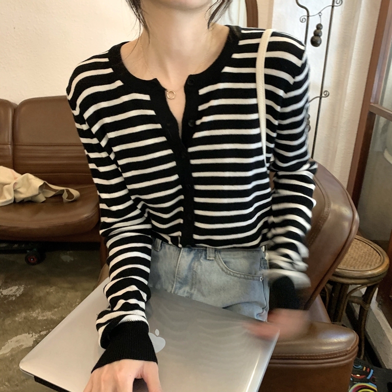温柔条纹针织开衫女装2025年新款早春秋外搭chic毛衣外套长袖上衣|undefined